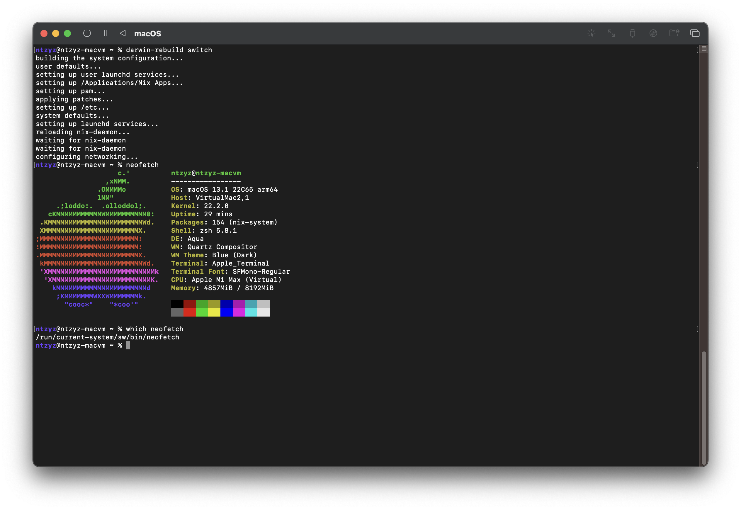 Screenshot of darwin-rebuild and neofetch