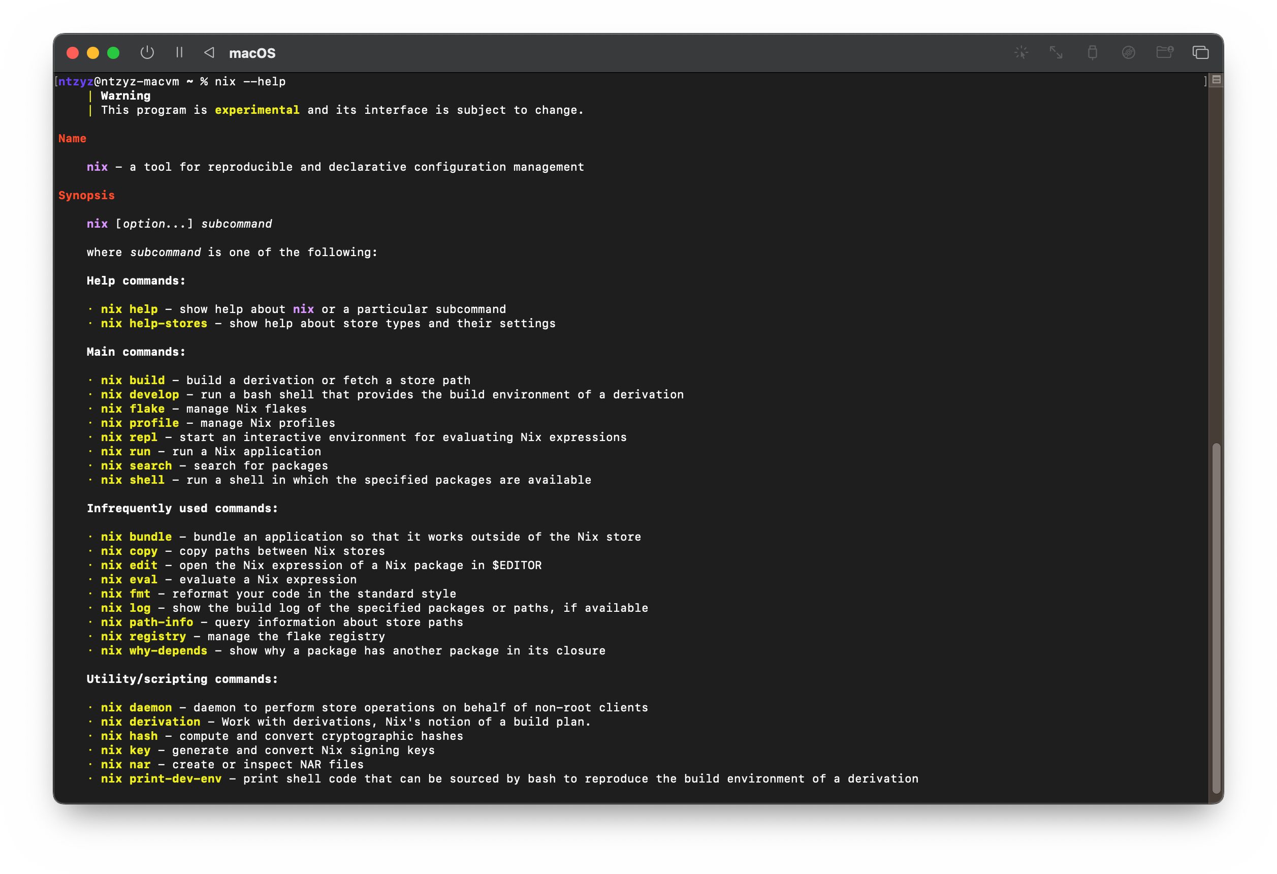 Screenshot of macOS terminal with output of nix --help
