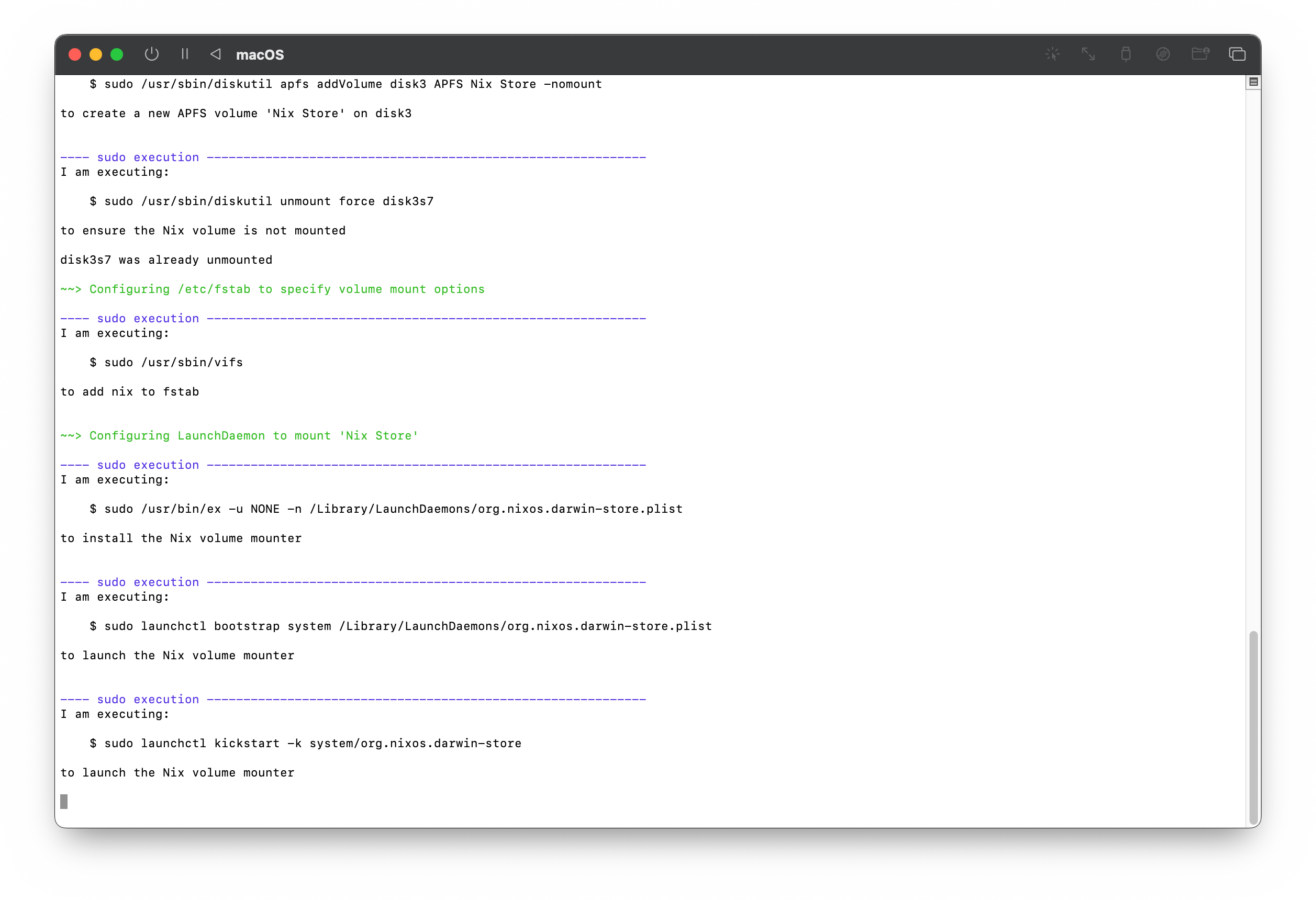 Screenshot of macOS terminal during installation of Nix